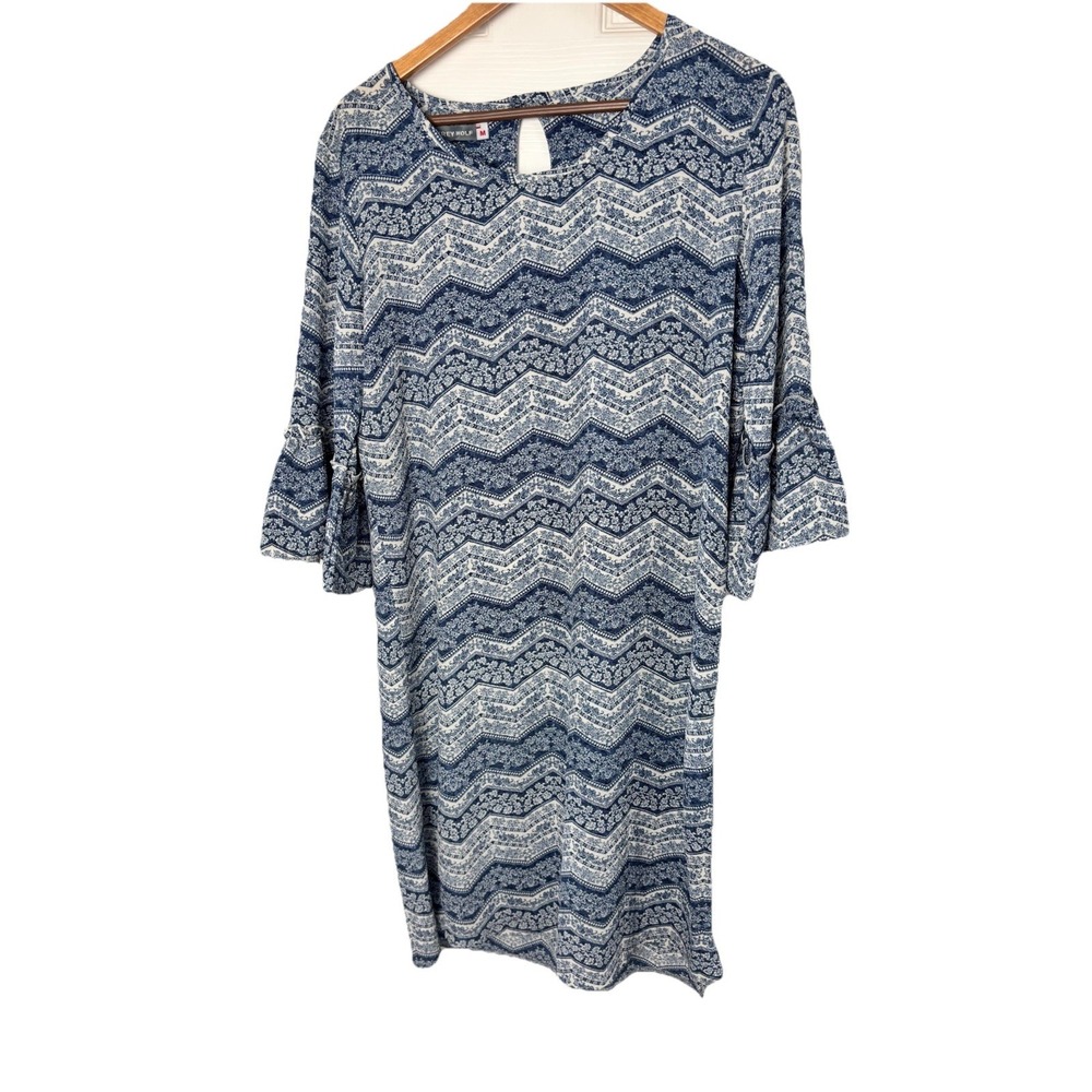 GREY WOLF Women's Medium 3/4 Bell Sleeve Blue Floral Chevron Dress